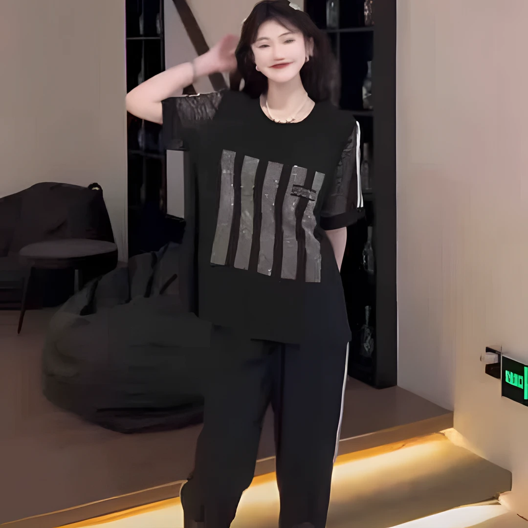 2822夏季重工钻拼接五条杠套装---z