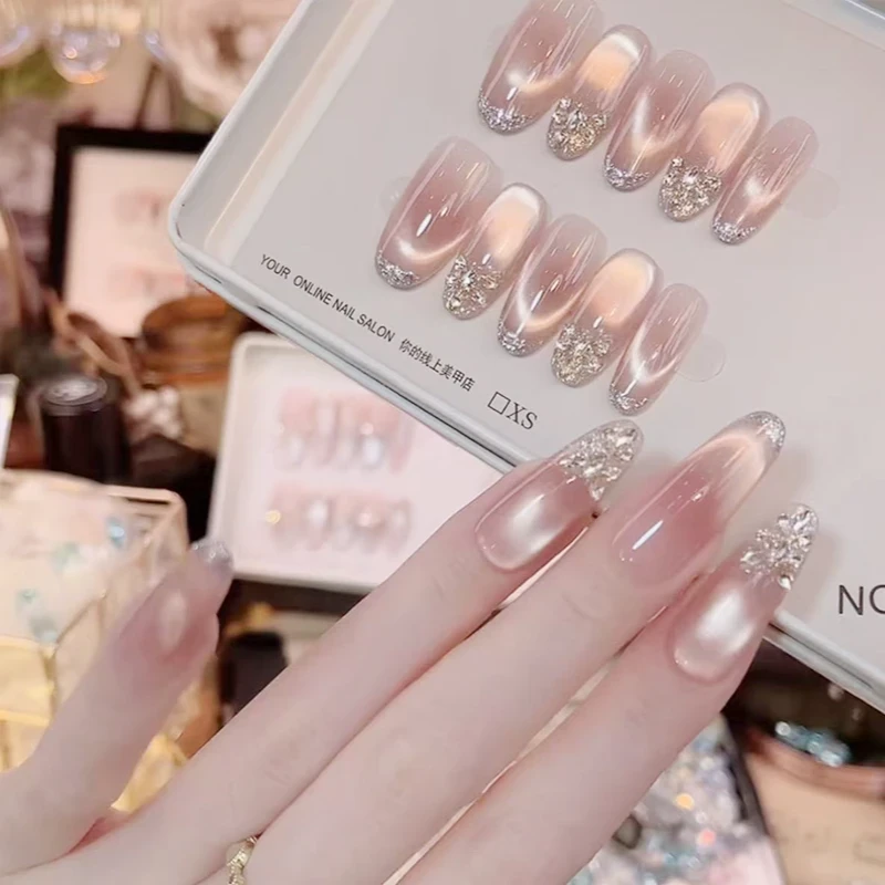 【不遗憾】手工美甲猫眼爆闪钻穿戴甲纯欲高级感裸色美甲贴中长款