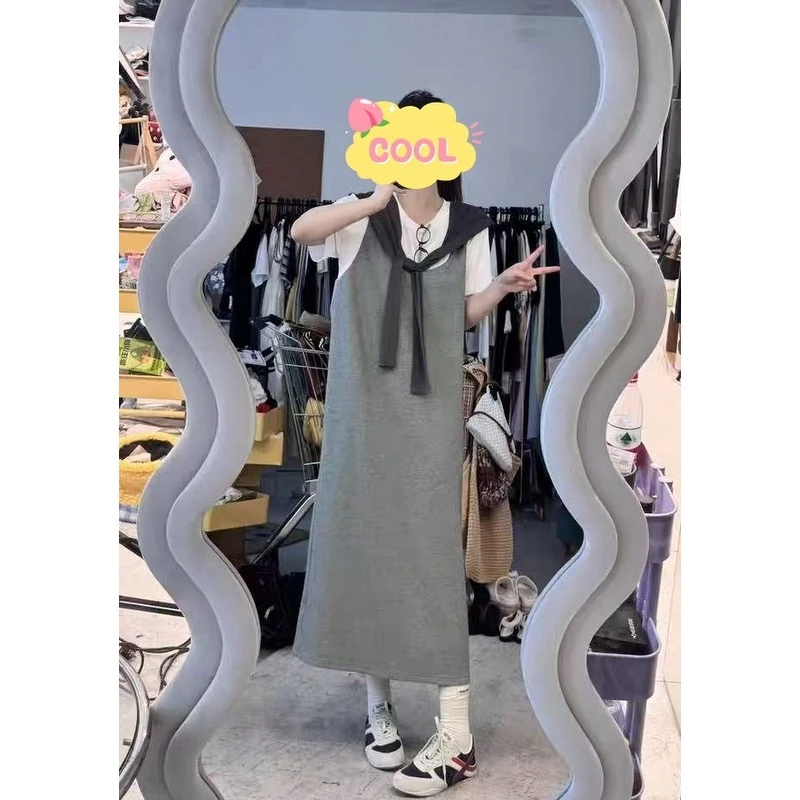 大码百搭显瘦拼接撞色披肩连衣裙长裙459355#短裙459012#