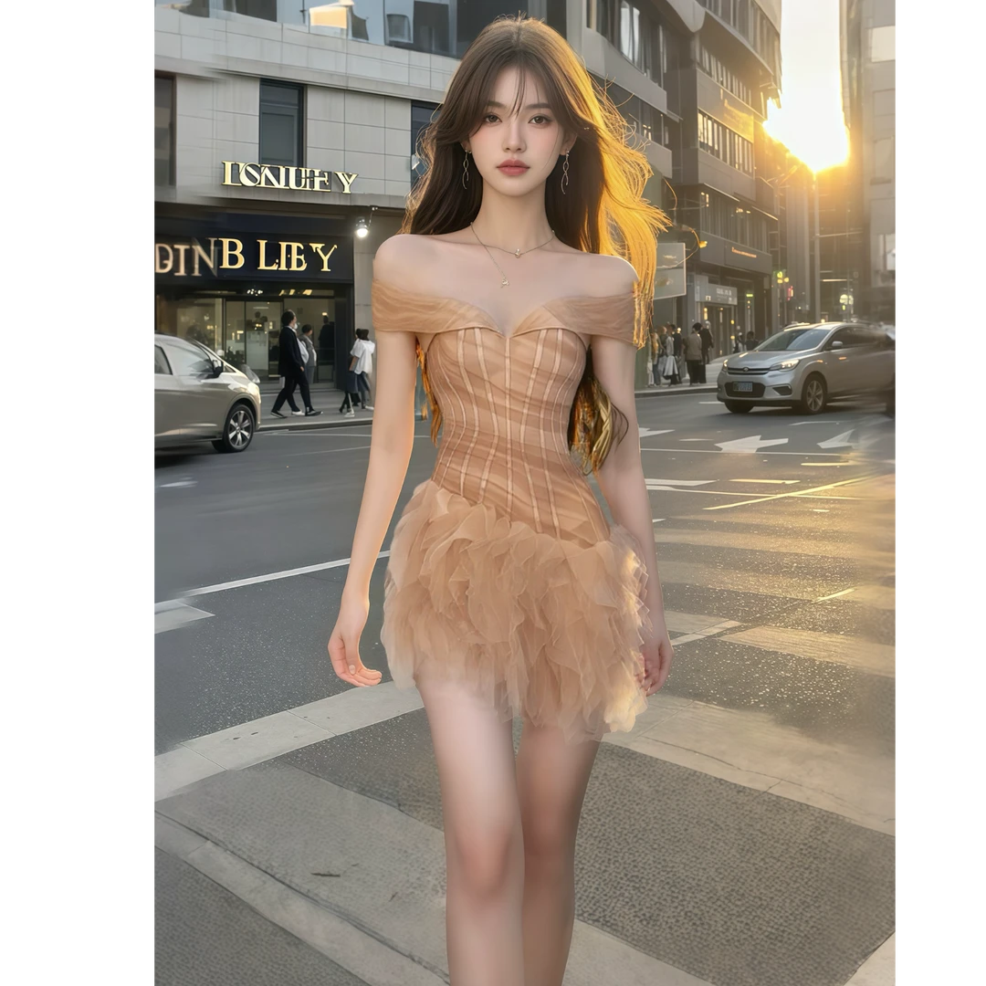 2025夏季新款温柔公主风一字领抹胸连衣裙女