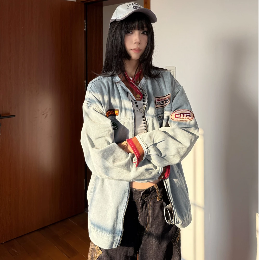 潮牌美式复古立领做旧情侣牛仔外套男春季贴布机车赛车服夹克上衣