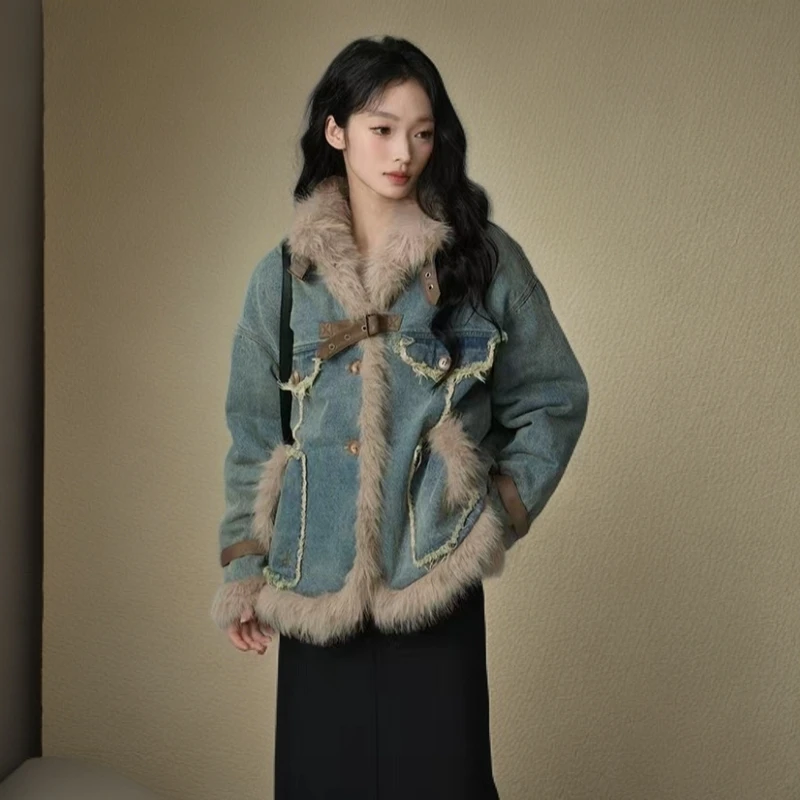 女士设计毛毛拼接复古牛仔棉服女秋冬季保暖韩版宽松百搭加厚外套