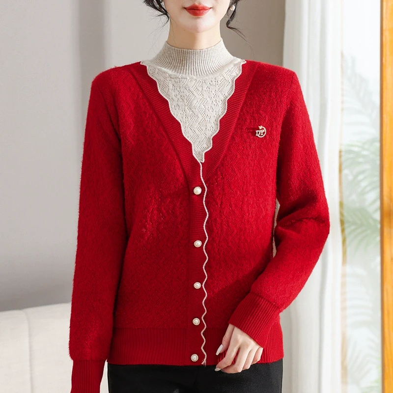 【雪夕】本命年妈妈秋冬装加绒假两件洋气红毛衣P-X-GTC6181
