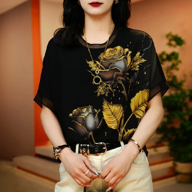 【贵妇装】原创【金玫雅衫】黑金配色玫瑰设计印花气质短袖衬衫上衣