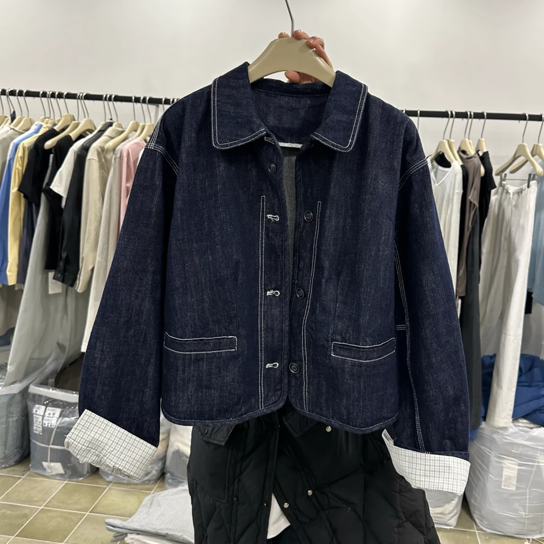 韩系设计感条纹袖口翻领牛仔外套女2025春季新款小个子百搭上衣