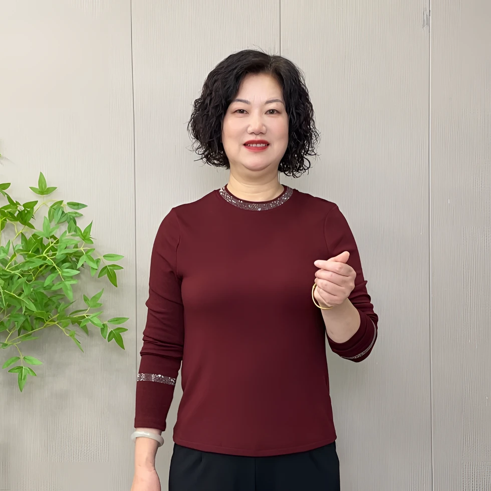 2025秋季新款时尚洋气圆领烫钻显瘦百搭打底衫气质内搭中老年减龄