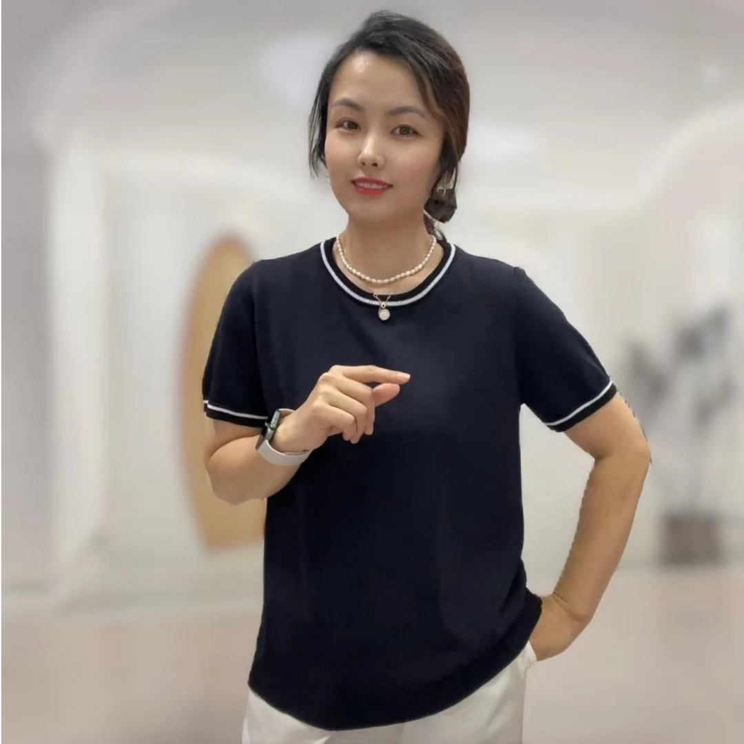 【香香优选】韩国女士冰丝白边圆领针织短袖新款时尚洋气舒适百搭