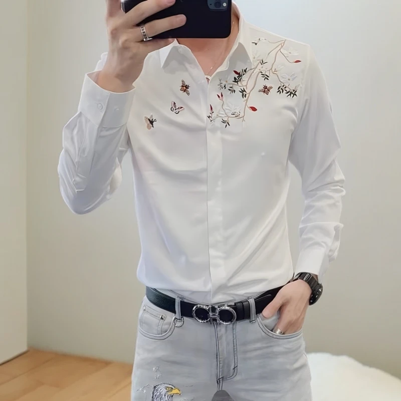 秋季新款男士中国风刺绣白衬衫长袖时尚百搭免烫修身潮流休闲衬衣