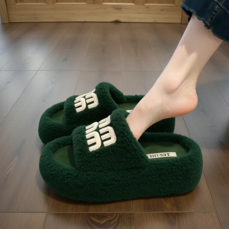 【羊羔绒】厚底毛毛拖鞋女外穿2025新款秋冬加绒拼色防滑软底棉拖