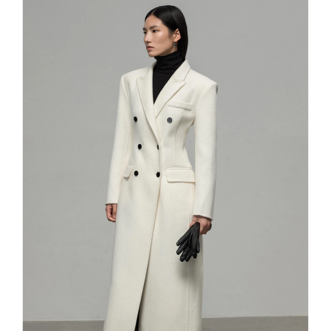 801高端精致时尚名媛风双面毛呢长款外套秋冬新款时尚收腰枪驳领