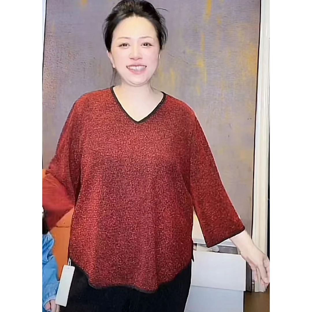 妙唐亮丝时尚大码新款弹力女士上衣6001深红