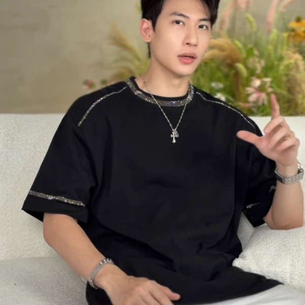 T2646夏季新款时尚个性烫钻线条设计感小众休闲美式运动短袖送礼