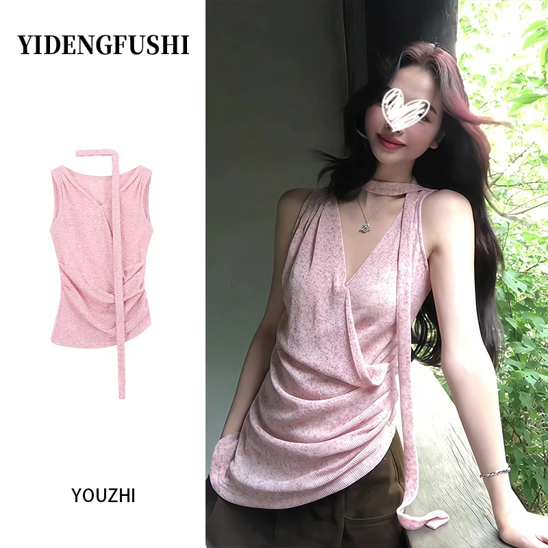 YIDENG纯欲辣妹交叉V领露肩飘带背心夏季新款修身显瘦不规则上衣