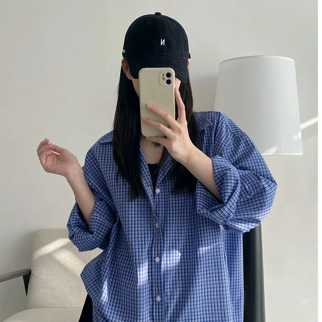 美式复古蓝色格子衬衫长袖男女高级感休闲宽松春夏衬衣外套百搭