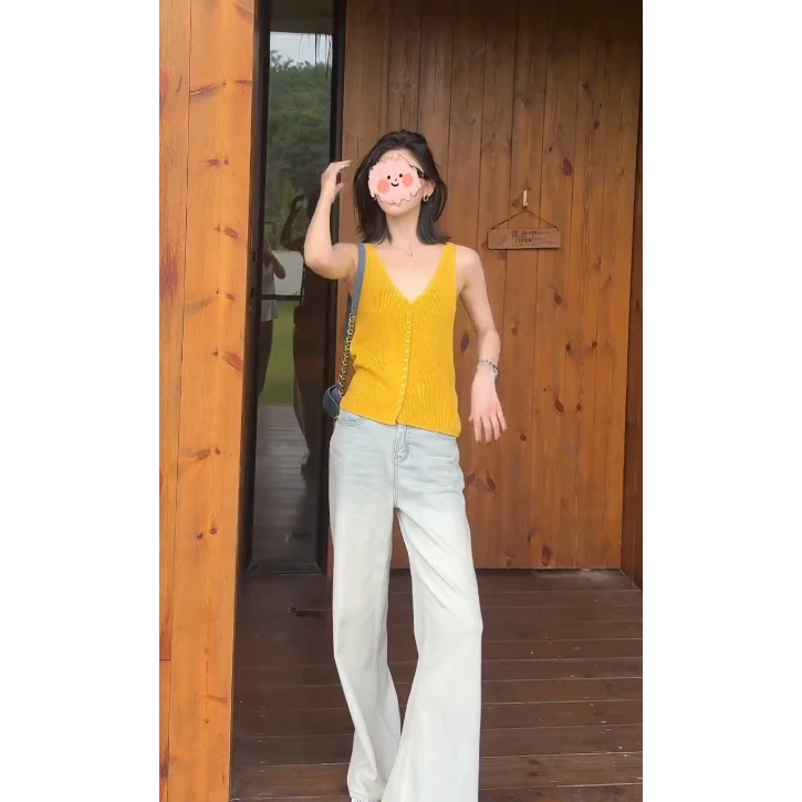 黄色v领薄款针织开衫吊带背心女外穿时尚内搭夏季新款无袖上衣