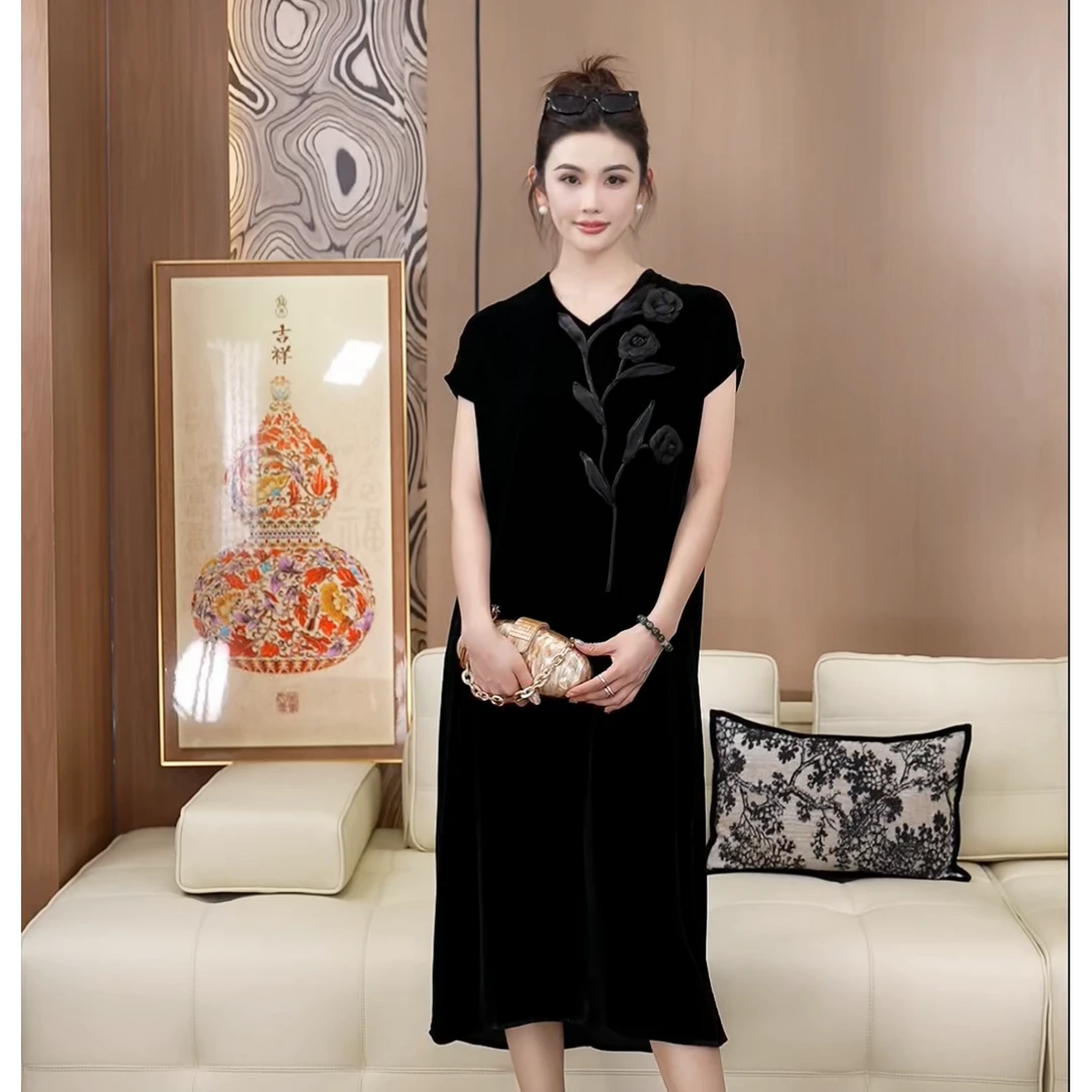 山茶花真丝丝绒手工造型设计师款气质优雅中长复古连衣裙A050692