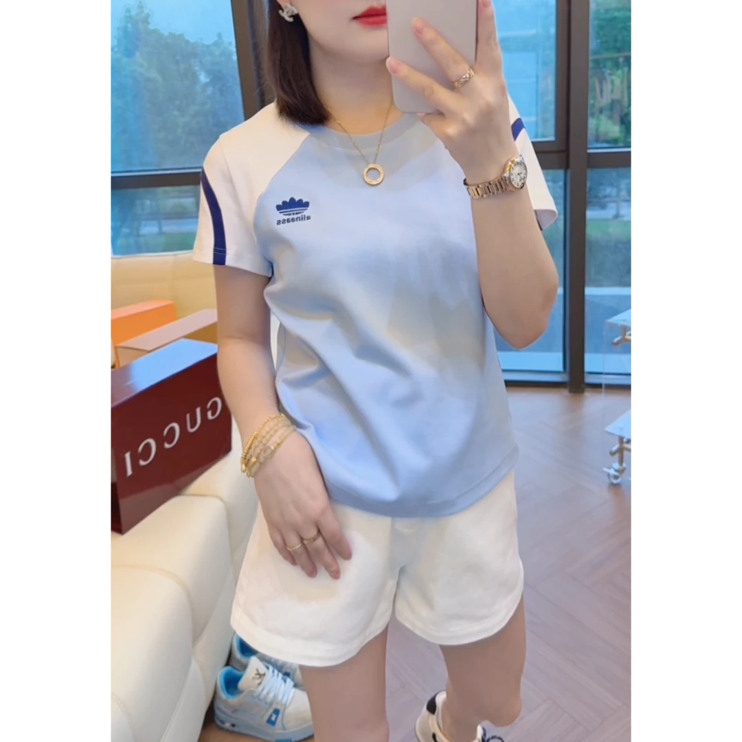 K`K「拼接短袖」短袖轻职风抗皱立体装饰刺绣T恤短款女士设计感撞色