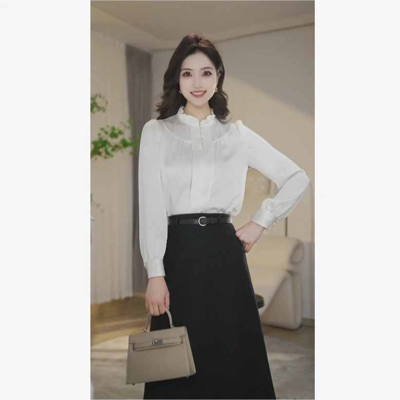 【婷婷甄选】欧若风奶油米衬衫女洋气宽松显瘦减龄气质衬衣8491291