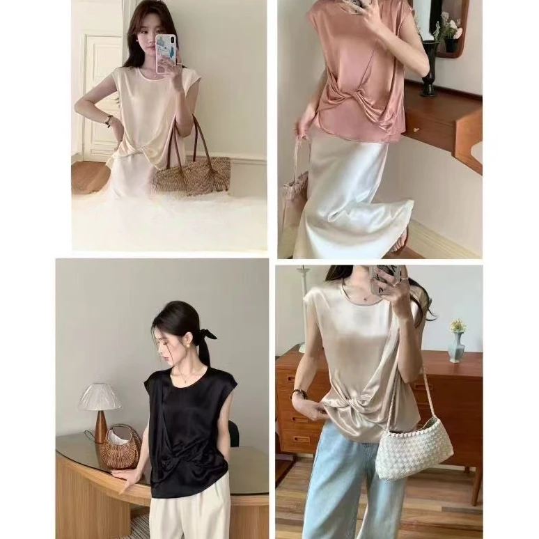 高级感收腰褶皱短袖T恤女夏季款小众别致显瘦设计感上衣Y027