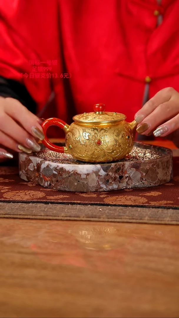 盛唐工坊 足银999 手工泡茶壶镀金