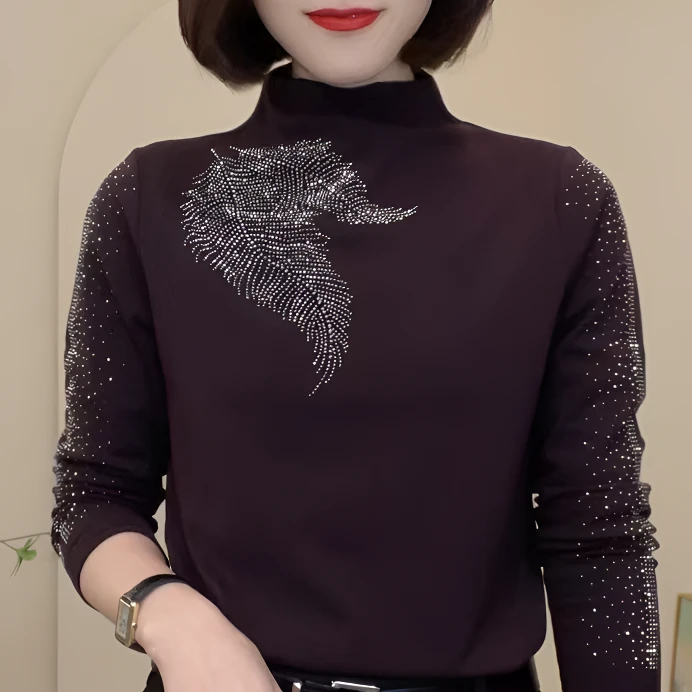 2025新款烫钻打底衫女秋冬时尚洋气保暖衣遮肚子半高领加绒小衫H