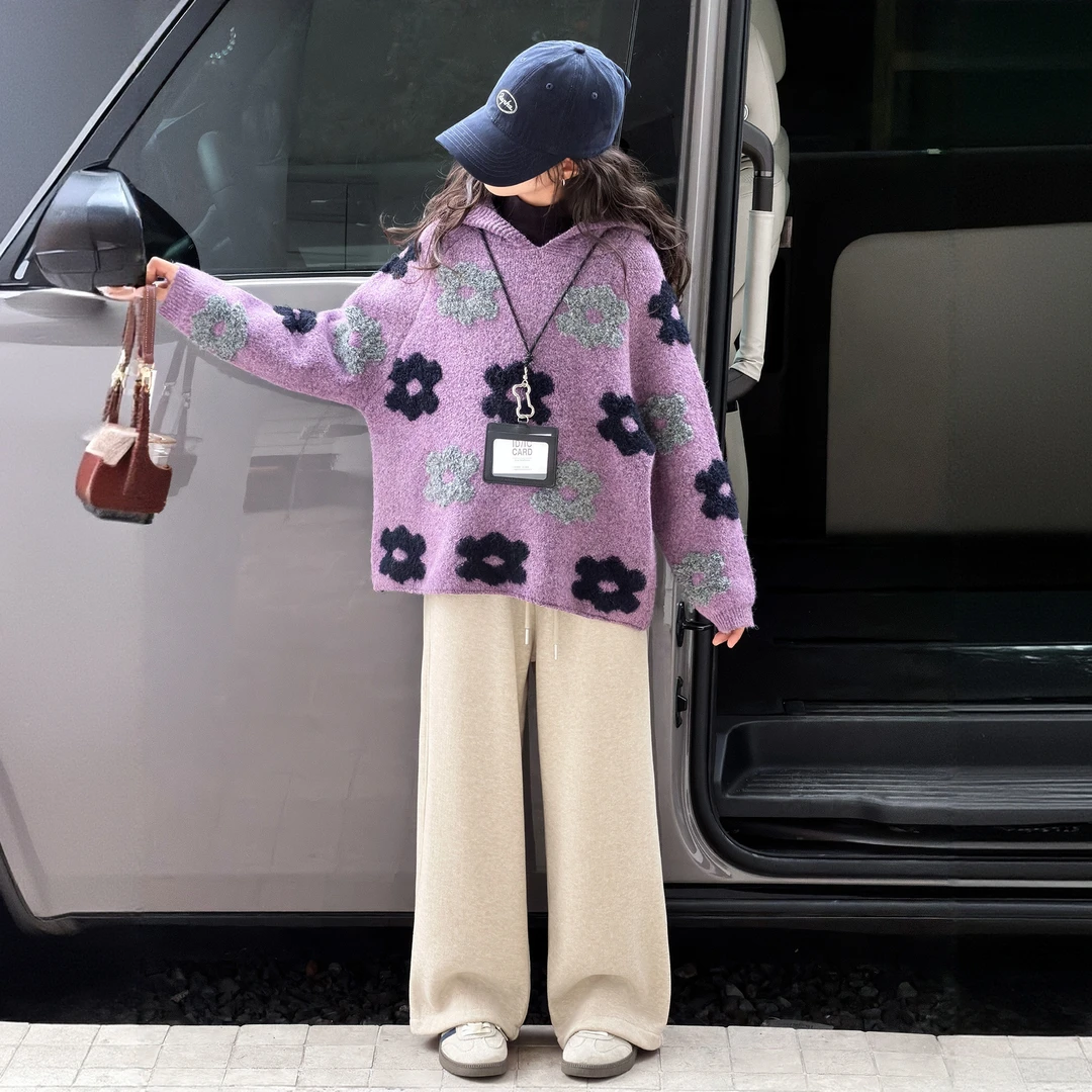 女童加绒加厚套装秋冬装2025新款韩版洋气儿童装毛衣阔腿裤两件套