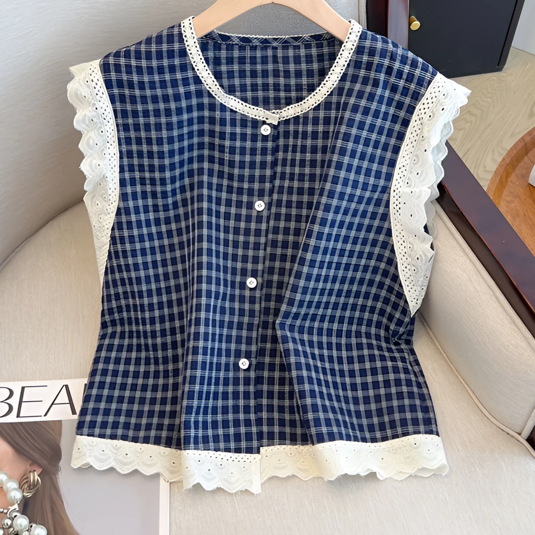 韩系蕾丝拼接格纹背心衬衫女2025夏季新款甜美宽松型减龄上衣小衫