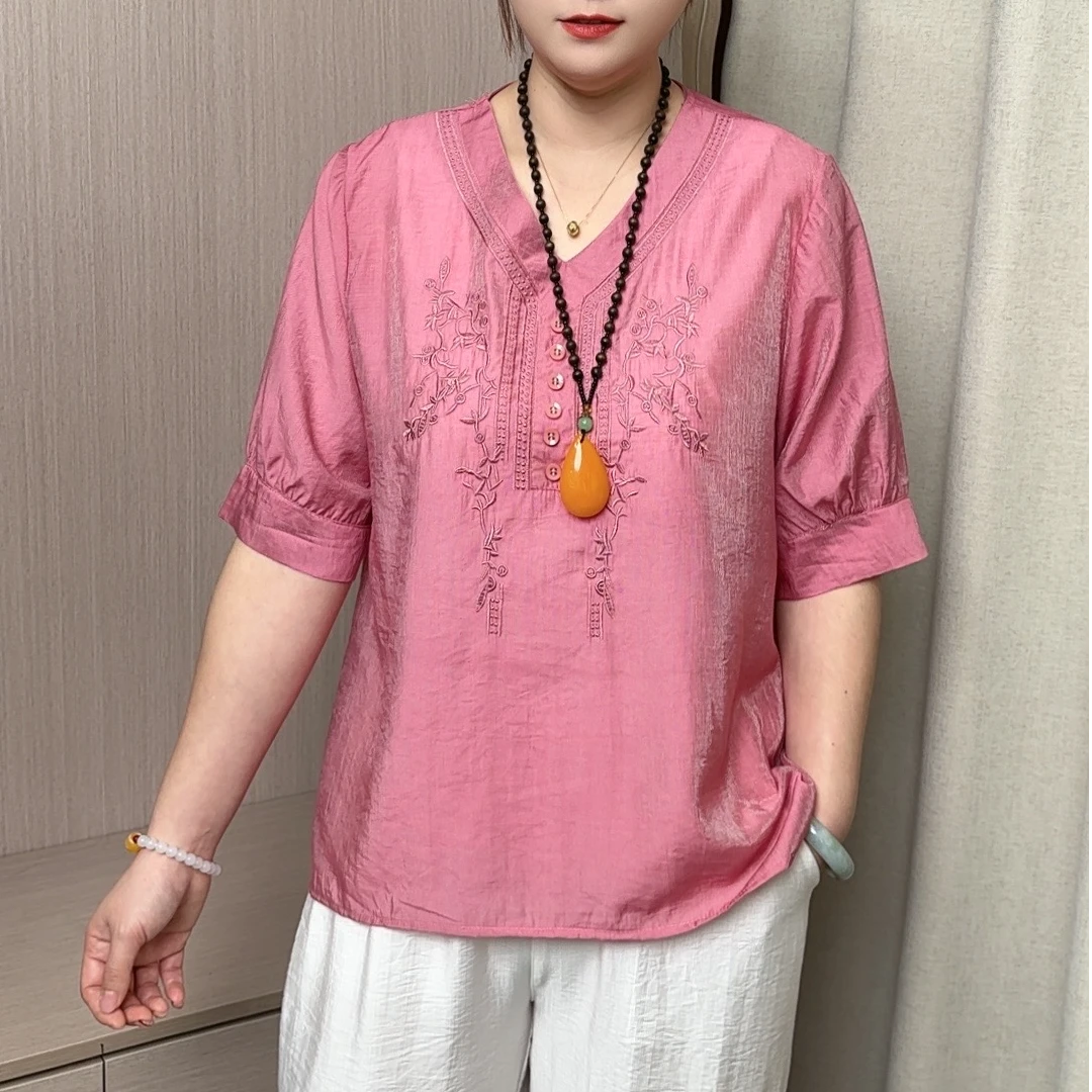 夏季气质妈妈时尚套头打底衫中老年薄款大码洋气宽松绣花半袖小衫