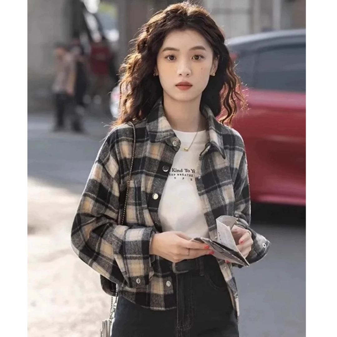 W2289美式红色格子复古衬衫女春秋设计感宽松长袖上衣短款外套