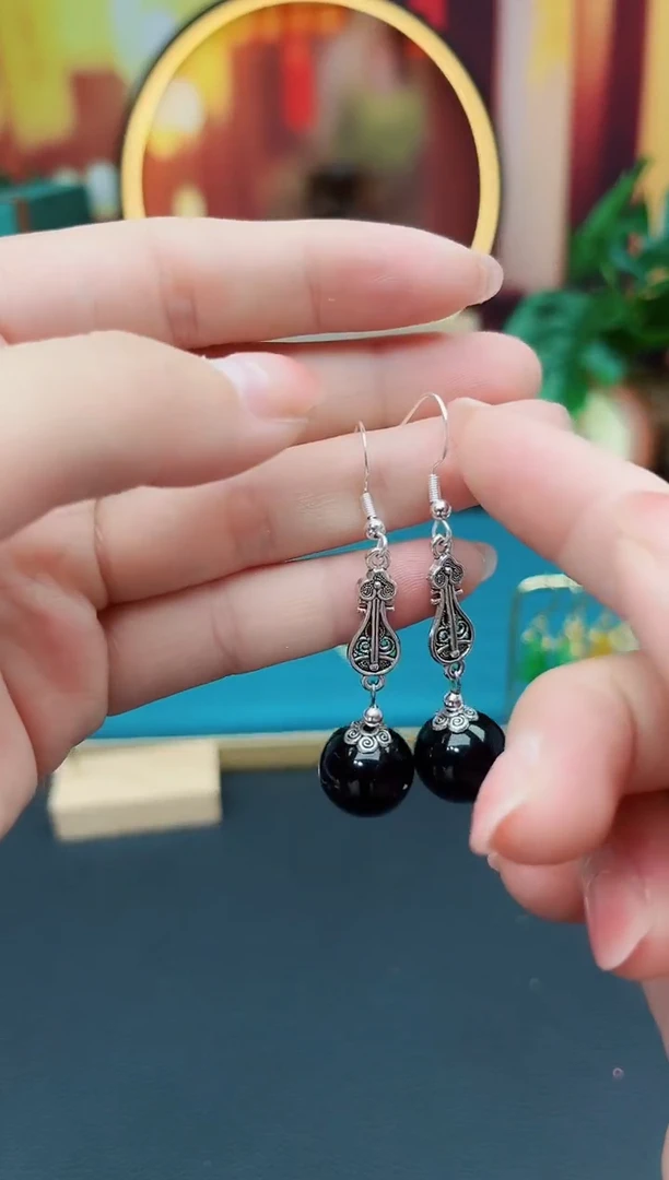 黑曜岩银S925镶嵌耳饰314