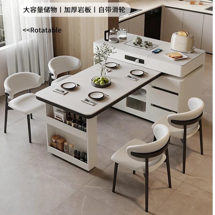 可旋转伸缩岩板岛台餐桌一体式家用小户型现代简约多功能厨房吧台