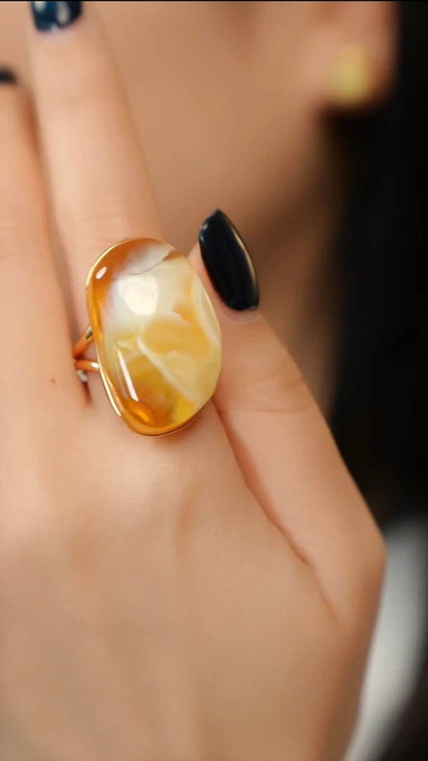 银S925镶嵌蜜蜡戒指荧光天珠戒指