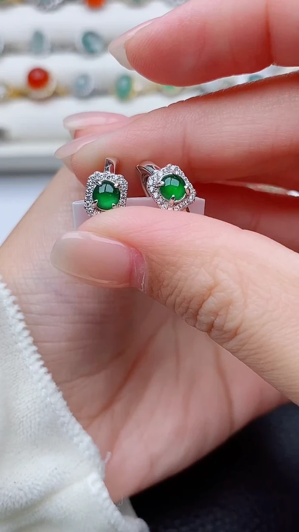 银S925镶嵌翡翠耳饰正品 纯天然翡翠