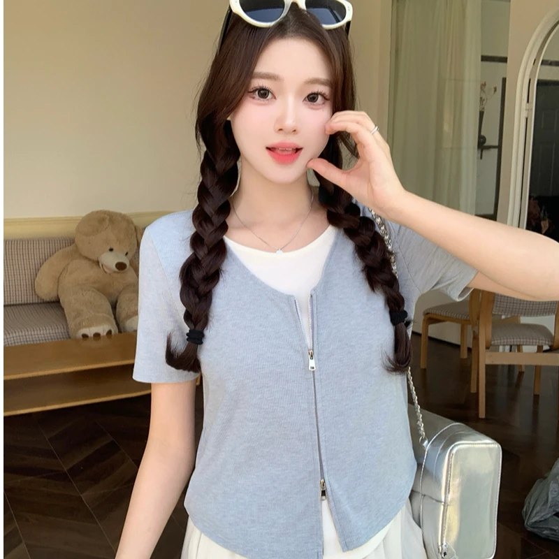 2025夏装新款胖mm大码女减龄假两件撞色双拉链短袖T恤33623