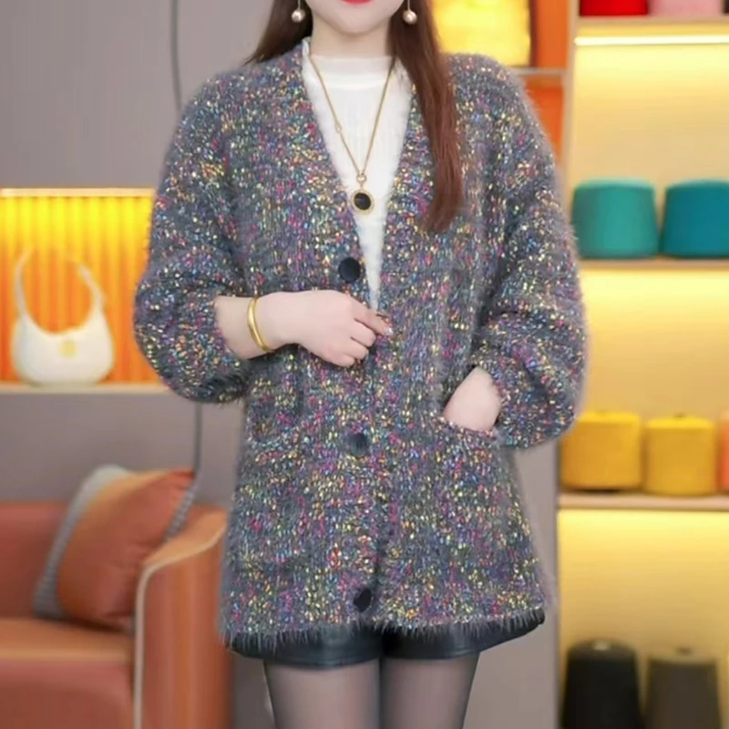 2025秋季新款时尚洋气慵懒风软糯彩色花线针织开衫