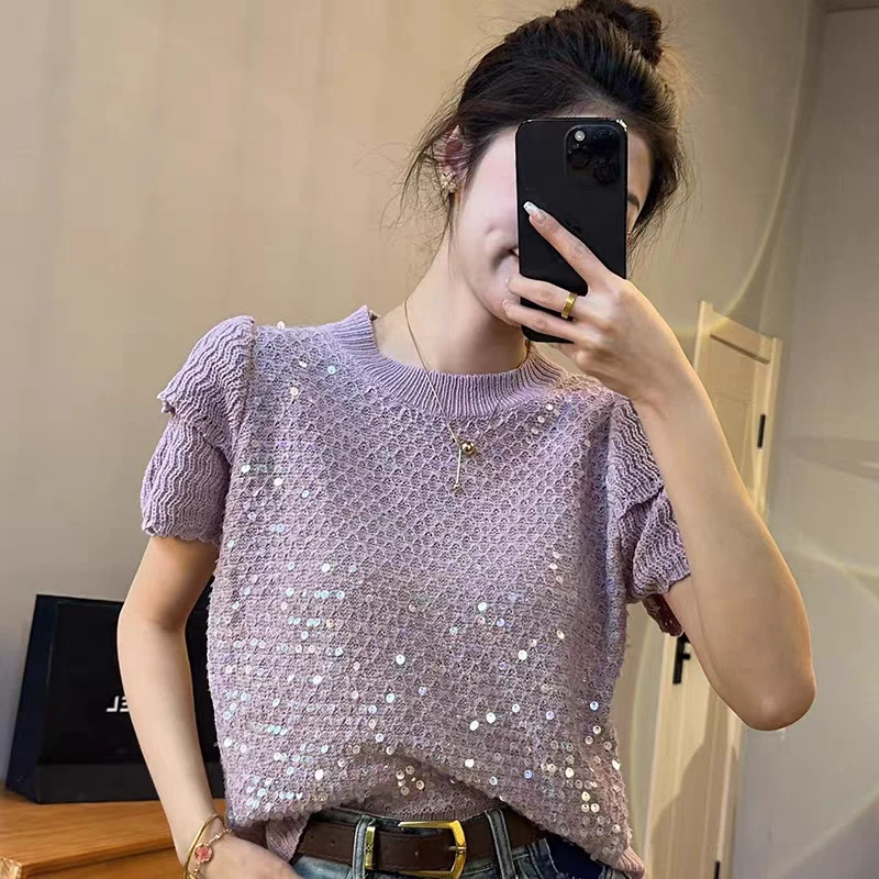 韩系重工亮片花瓣袖设计感小众针织衫女短袖2025夏季新款上衣5115