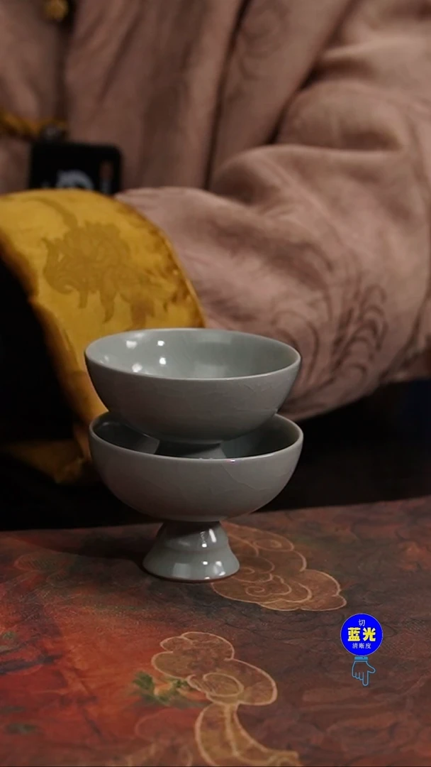 摆件瓷瑕品清凉寺原矿釉月白釉高足杯一对0104