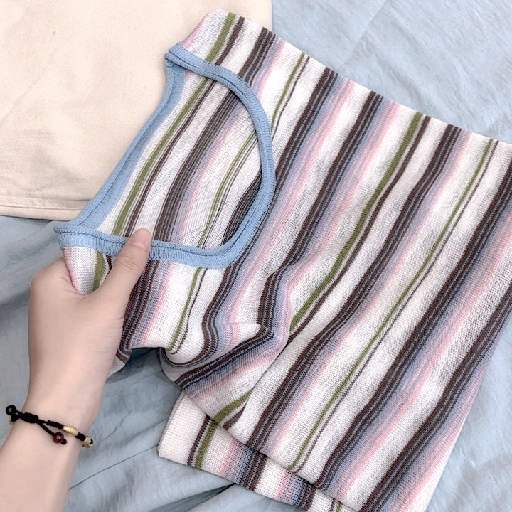 档口爆品！【海风】卷边圆领套头拼色条纹无袖背心休闲飞飞袖T恤040