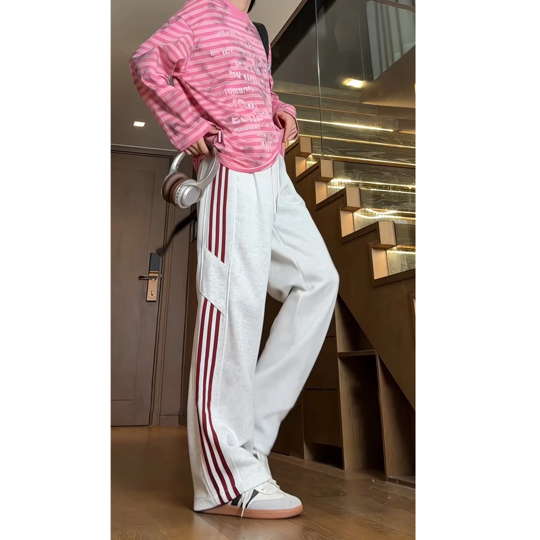 秋季条纹美式裤子男宽松大码休闲显瘦直筒阔腿长裤卫裤百搭运动裤