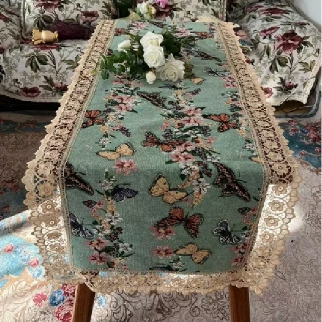 ZN111-74棉麻【60*220】绿蝴蝶水溶花边棉麻交织布桌布