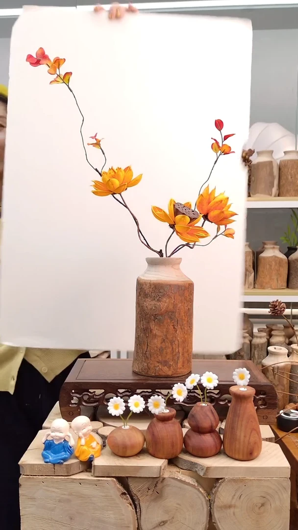 木实木花瓶自然裂纹，随机木纹，一个