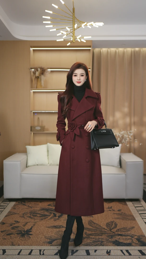 罗曼定制 原创设计红色大衣风衣赫本风中长款厚款翻领收腰冬