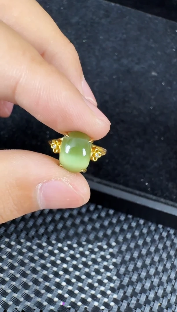 和田玉（碧玉）戒指银S925镶嵌黄金猫