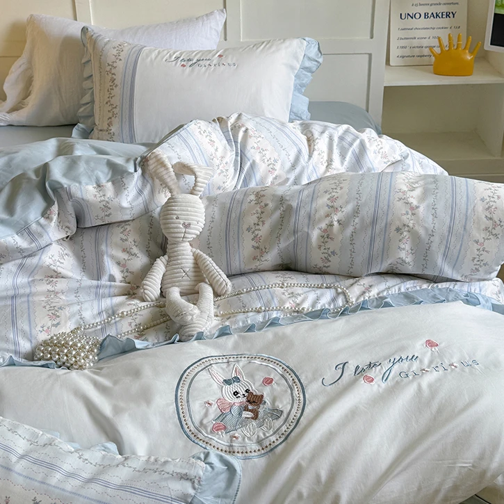 卡通小清新全棉被套四件套可爱兔子刺绣床单100%纯棉少女床上用品