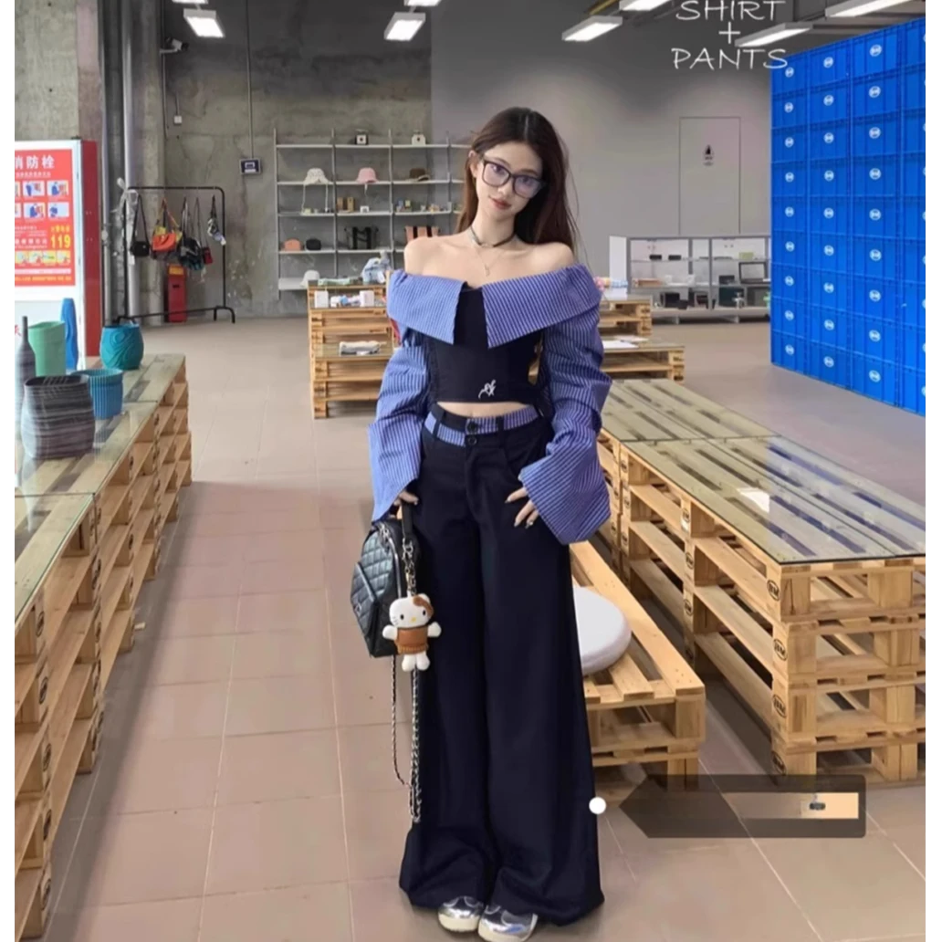 设计感套装一字肩条纹拼接衬衫上衣女春季高腰休闲裤阔腿裤两件套