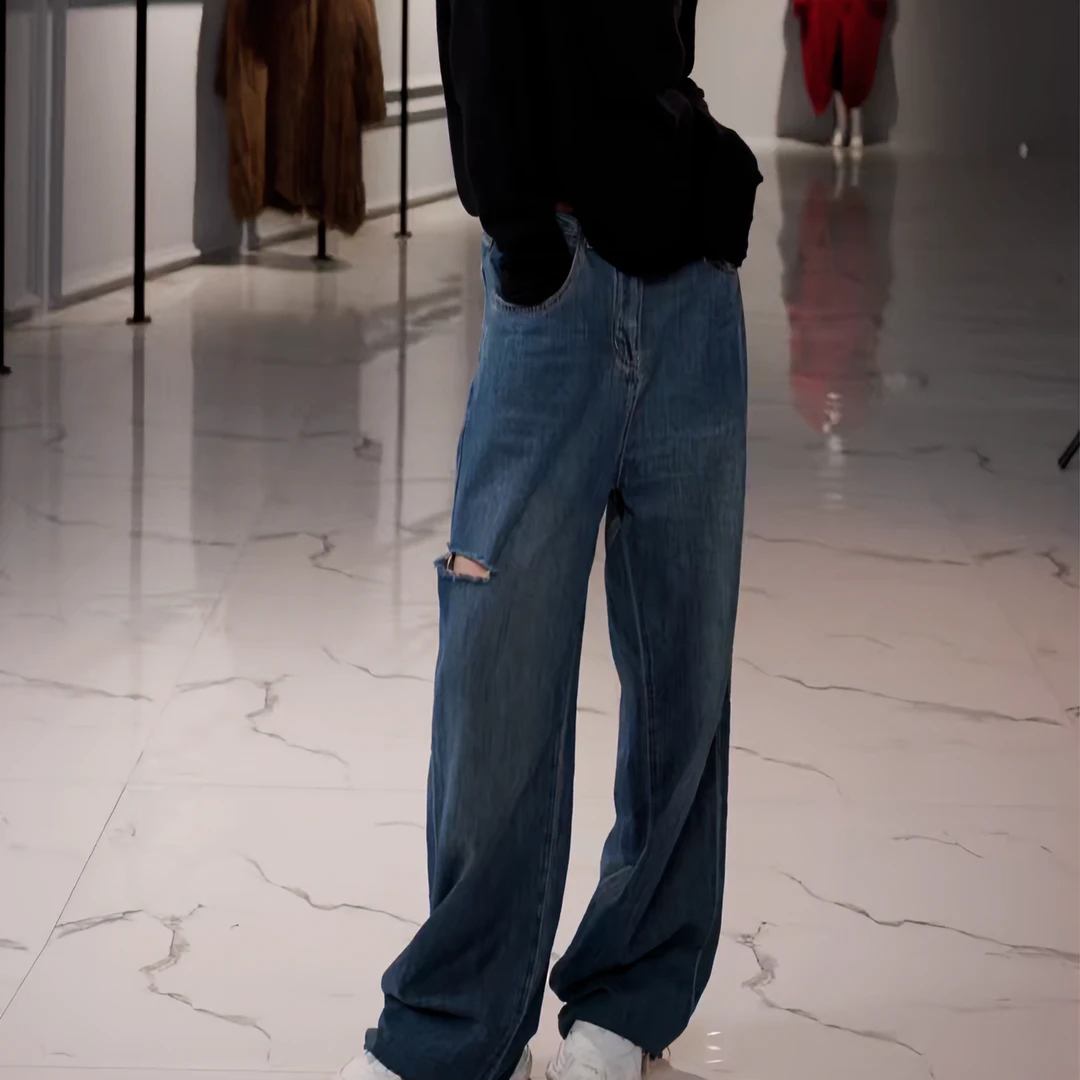 【思语】“破洞牛仔” CC0807 宽松休闲洋气阔腿牛仔裤