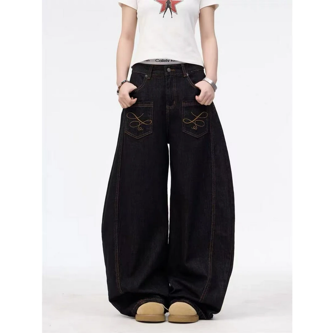 美式原牛色反穿刺绣弯刀牛仔裤男女复古设计感宽松显瘦阔腿拖地裤