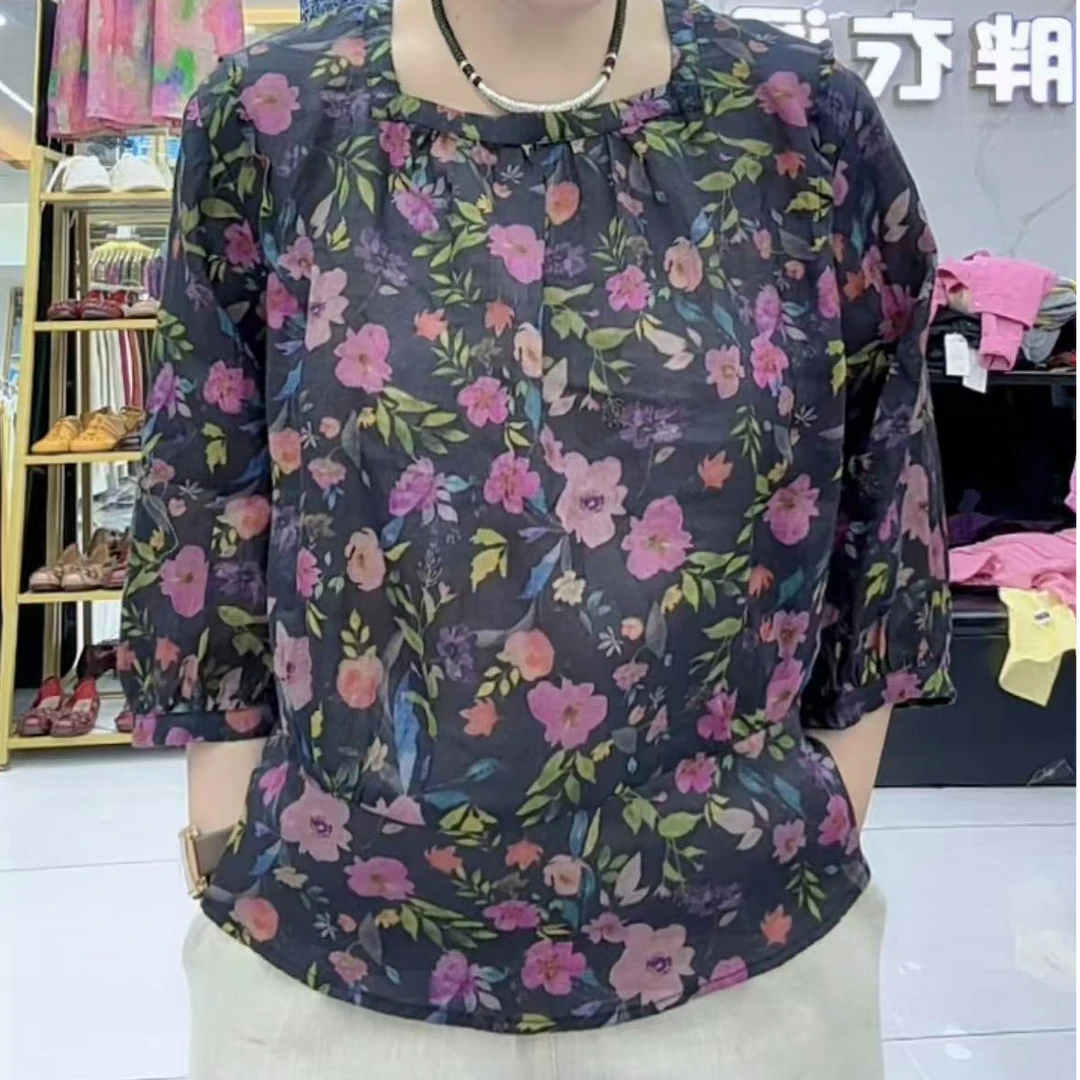 女士夏季新款上衣薄款苎麻方领