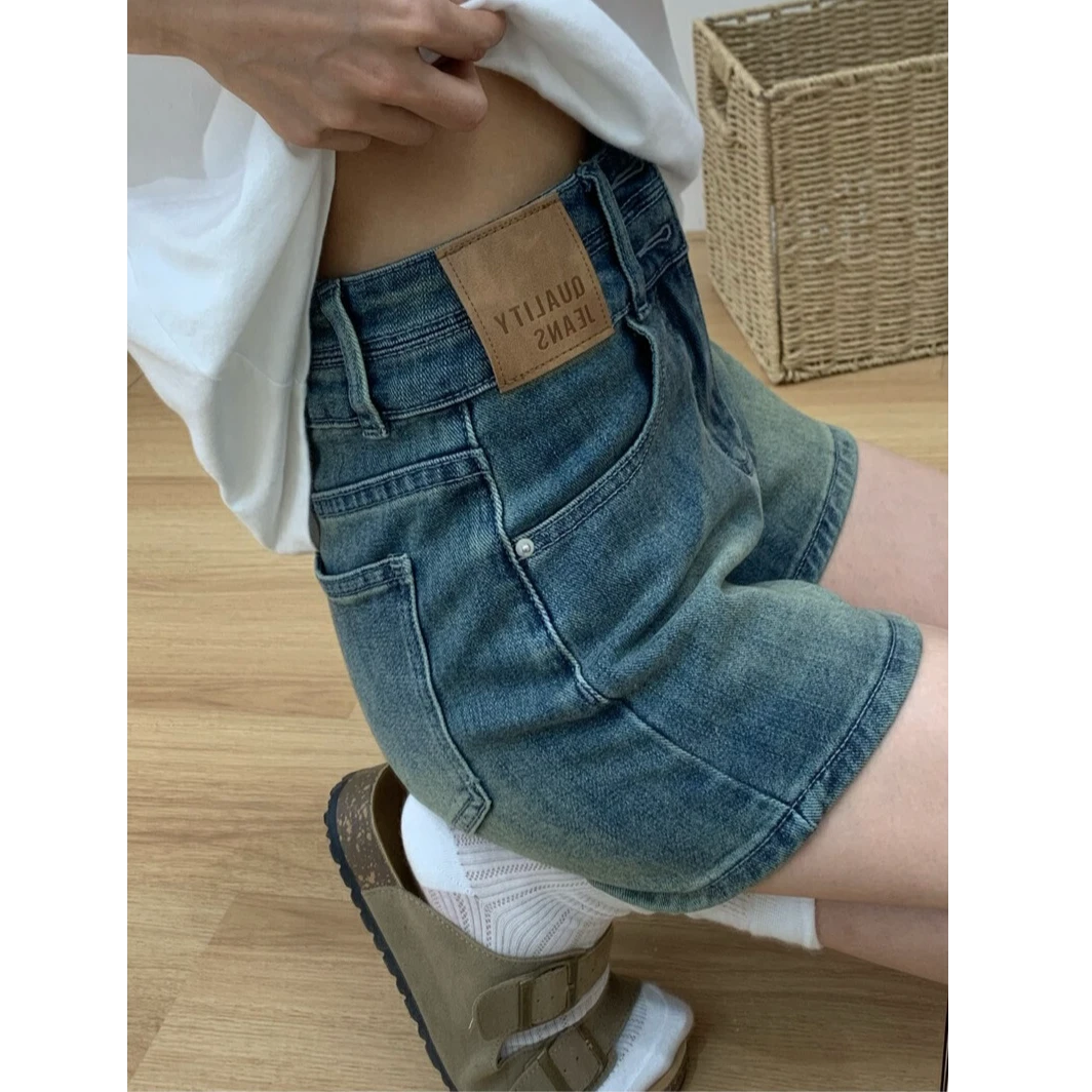 美式夏季新品高端面料薄款显瘦百搭牛仔黄泥色设计感高腰弹力短裤