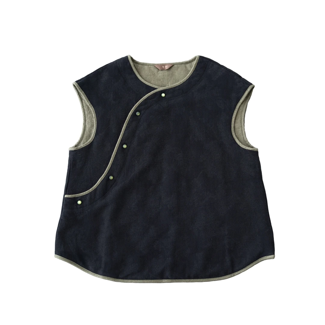 原创轻中式棉麻提花斜襟加厚马甲 复古宽松夹棉套头背心